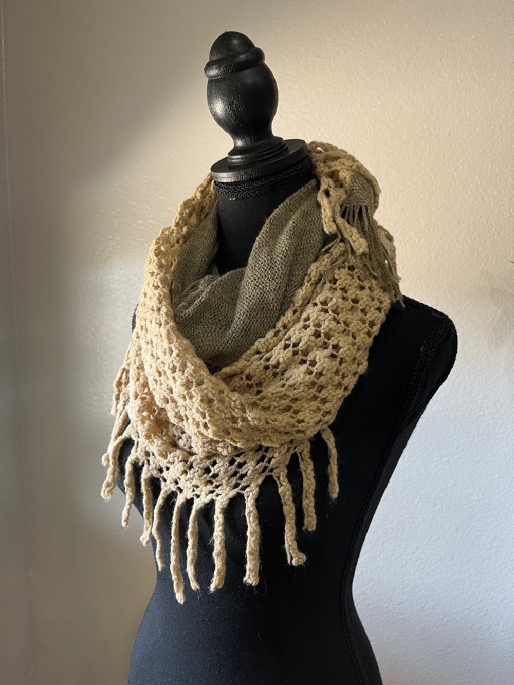 Chinese Laundry Women’s Two-Tone Crochet Fringe Infinity Scarf - Beige & Olive
